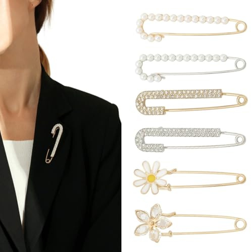 JYNXOR 6 Stück Perle Brosche Sicherheitsnadel Brosche Clips Pullover Kristall und Perle Pins und Kristall Shawl Clips Faux Schal Mantel Schmucknade Für Damen Kleid Hosen Rock Taille