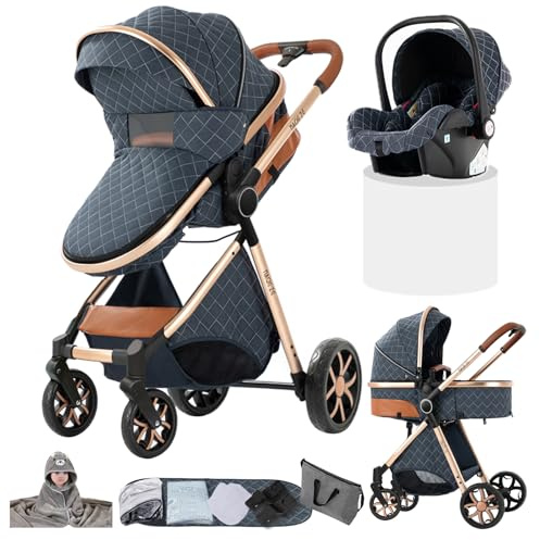 Doraystar Kinderwagen 3 in 1, Kombikinderwagen 3 in 1 Komplettset mit Zwei Umkehrbaren Schiebemodi, Kinderwagen Set mit Ein-Klick-Faltdesign, Rahmen Aluminiumlegierung (YV9 Blue)