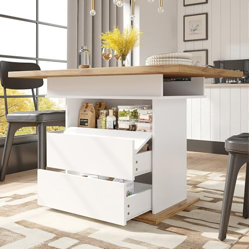 Kebnor Esstisch Teleskoptisch(110-140×80cm), klappbarer Küchentisch für 4-6 Personen, Ausziehbarer,platzsparender Küchentisch,für Küche und Wohnzimmer,Esstisch mit DREI Ablageebenen (weiß)