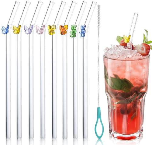 8 PCS Reusable Glass Straws with Charms, Clear Bent Straws with Bows and Bear Patterns, Long Glass Straw Drinking with Cleaning Brush for Juice, Cocktails, Smoothies