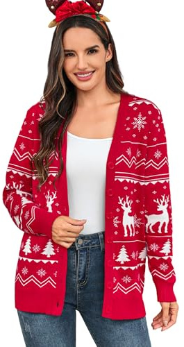 Aottori Cardigan Donna con Motivo Albero di Natale Stampa 7D Lavorato a Maglia con Bottoni Maglione Giacca Natalizia Maniche Lunghe Scollo a V Aperta Cardigan Giacca Divertente Leggero Rosso XXL