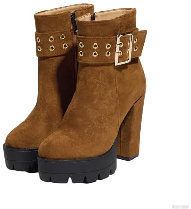 TNMIUH Stivaletti Donna con Plateau, Tacco Blocco Alto 11,5 cm, Eleganti Tronchetti Primavera Autunno, Disponibile in Nero e Marrone,Marrone,38.5 EU