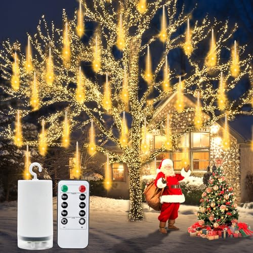 CCILAND Meteorschauer Lichterkette Batterie 30CM 192 LED mit Timer-Warmweiß | 8 Röhren Weihnachtsbeleuchtung Außen, wasserdichte Fallende Regen Lichter für Weihnachten Baum Hochzeit Traufe Garten