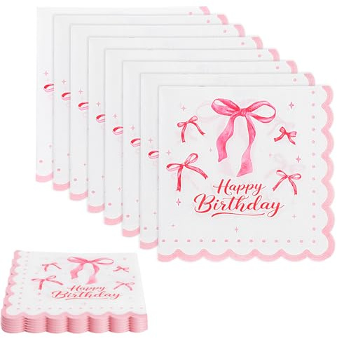 40PCS Rosa Schleife Servietten Geburtstag 33x33cm, Party Servietten Rosa | Rosa mit Schleifen Happy Birthday, Weich Saugfähig, Umweltfreund Papierservietten für Kind, Damen Birthday, Hochzeit Deko