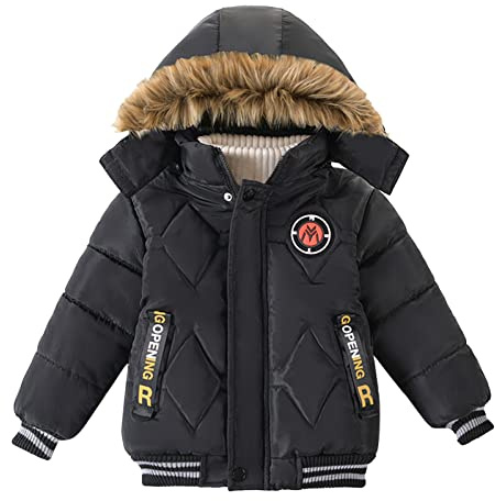 OBiQuzz Giacca trapuntata per bambini: piumino con colletto in pelliccia, giacca invernale calda con motivo giacca in cotone, cappotto invernale, classico e comodo, per tutti i giorni e casual, Nero