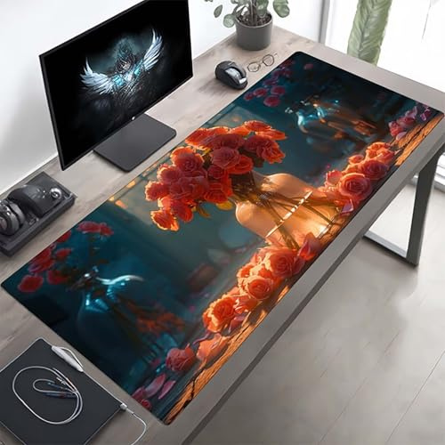 Gaming Mauspad 1600x800x3mm Gaming Mousepad XXL Blume Rosa Mauspad Schreibtischauflage, Genähte Kanten Mausmat, rutschfeste Gummibasis, Schreibtisch Schutz für Home Büro, Geschenke PjY10390 I-A