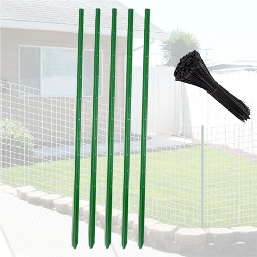 Heavy Duty 4.9ft Metal Fence Posts NoDig Garden Support Stakes with Pointed Bottom & Zip Ties Pack of 5 for Secure Outdoor Fencing & Enclosures