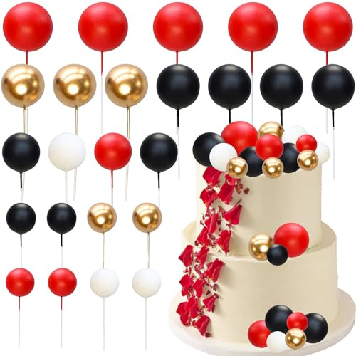 Gyufise 50Pcs Ball Cake Topper Sticks Mini Balloons Cake Decoration Foam Balls Cake Toppers for Christmas Winter Wonderland Baby Shower Birthday Party Supplies Red Black White Gold