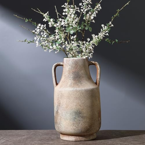 KRYSTHIA Keramisk blomvas med handtag, stor dekorativ terrakottavas, bondgårdsvaser för heminredning, rustika vintagevaser för vardagsrum, kök, sovrum, kontor, soffbord, 28 cm (brun)