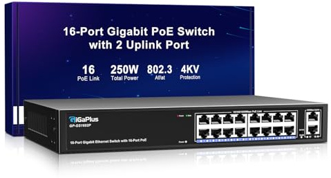 18 Port Gigabit PoE Switch with 16 Port PoE+ 1000Mbps, 2x1000Mbps Uplink, GiGaPlus 18 Port IEEE802.3af/at PoE @250W, Support VLAN, Metal Housing, Desktop Or Wall-Mount, Plug & Play