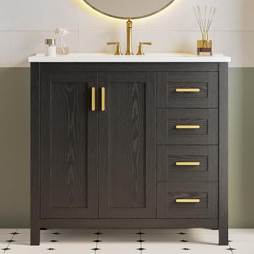 LIKIMIO 36 Inch Black Bathroom Vanity with Sink, Modern Single Sink Bath Vanity with Drawers & 2 Doors, Built-in Power Outlet, Freestanding Bathroom Cabinet with Top Combo