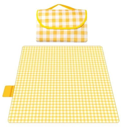 DDhayyp Picnic Blanket Waterproof, Extra Large Foldable Picnic Mat 300CM X 200CM, Outdoor Beach Blanket - Slip Resistant w/Carrying Handle - for Garden, Hiking, Camping (Yellow and White Tartan)