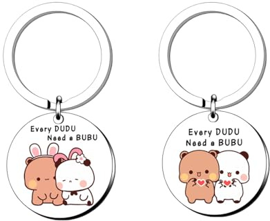 Bubu et Dudu Lot de 2 porte-clés mignons en acier inoxydable avec textes et motifs gravés - Cadeaux de couple - Porte-clés mignon Bubu Dudu pour amies, épouses, amoureux et couples
