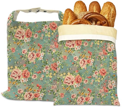 Bread Bags for Homemade Bread, Vintage Floral Rose Flower 2 Pack Linen and Beeswax Sourdough Storage Bags, Reusable Keeper, Keeps Breads Fresh Longer, Gifts for Bakers