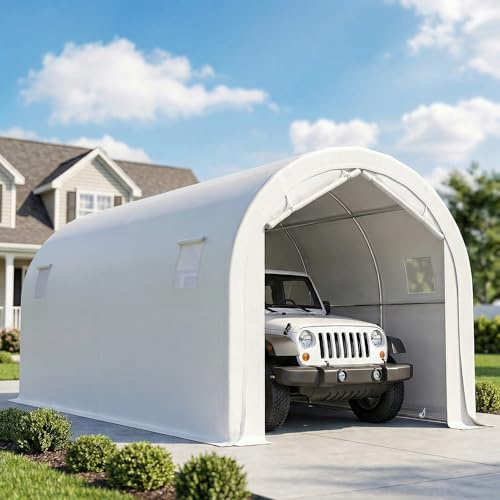 Outsunny Carpa Garaje Portátil 3x6 m, Garaje Exterior para Coche Impermeable con Puerta Enrollable con Cremalleras y 4 Ventanas, Marco Metal Galvanizado, UPF 30+, Cobertizo de Almacenamiento, Blanco