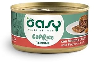 OASY Gatto CAPRICE • Terrina con Manzo e Carote | alimento umido completo per gatti adulti, con morbidi bocconcini e verdure a pezzetti, 12 lattine da 85 grammi l'una.