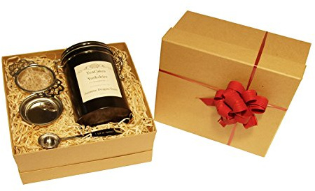 Jasmine Pearls Tea Gift Set Green Loose Rolled Leaf Dragon Tears Wrapped 100g in Caddy with Tea Strainer and Measuring Spoon by TeaCakes of Yorkshire