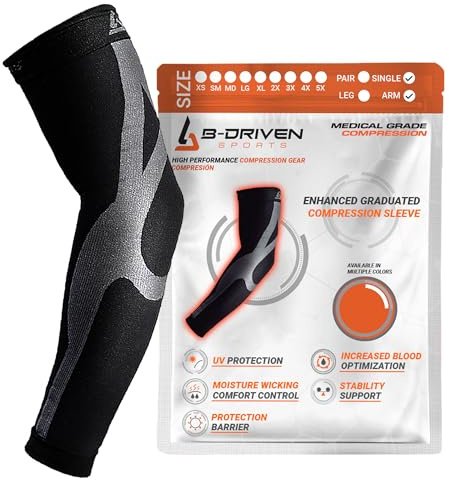 B-Driven Sports Compression Arm Sleeve for Men & Women - Medical Grade 20-30mmHg, Bicep, Forearm, Elbow Support, Lymphedema, Baseball, Basketball, Tennis, Work, Weightlifting - Black X-Large 1pc