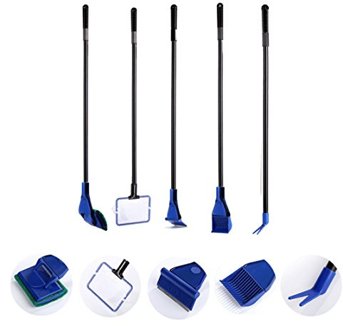 AquaticHI 5 in 1 Aquarium/Fish Tank Cleaning Kit/Tool, Algae Scraper, Fish Net, Sponge, Plant Fork, Gravel Rake, Length 19 inches (Non-Extendable)
