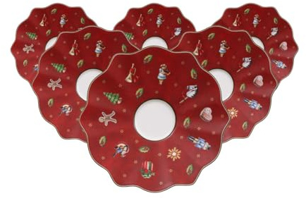 Villeroy & Boch Toy's Delight Mokka-/Espresso-Untertassen 6er Set, 13 cm, Unterteller mit Weihnachtsdekor, Weihnachtsgeschirr aus Premium Porzellan, Rot