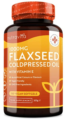 Vegan High Strength Flaxseed Oil - Enriched with Vitamin E - 1000mg per Vegan Softgel - Flax Seed Cold Pressed Oil Providing Omega 3 6 9 (ALA & Linoleic Acid) - 5 Month Supply - Made by Nutravita