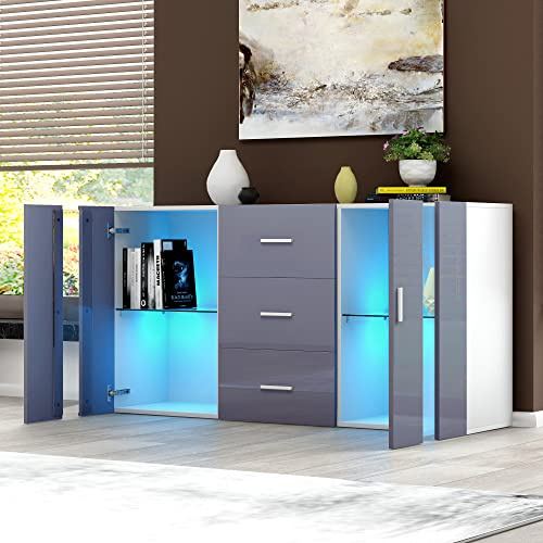 Panana Sideboard Modern Living Room Cupboard Unit Cabinet Furniture 2 Doors 3 Drawers (Grey)
