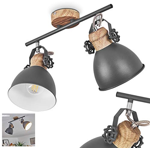 HOFSTEIN Deckenleuchte Banjul, verstellbare Deckenlampe aus Metall in Grau/Holzoptik, moderne Leuchte im Retro/Vintage-Design mit Holzbalken, 2 x E27, Wohnzimmer, Esszimmer, Schlafzimmer, Küche