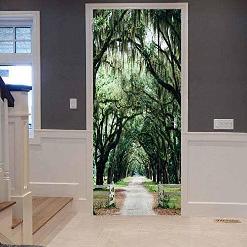 A.Monamour Türtapete Selbstklebend Türfolie Türposter 3D Eichen Gasse Grüner Tunnel Weißer Zaun Wald Bäume Natur Landschaft Vinyl Folie Türdeko Tapete Wandbild Türaufkleber Türtattoo 90 x 200 cm