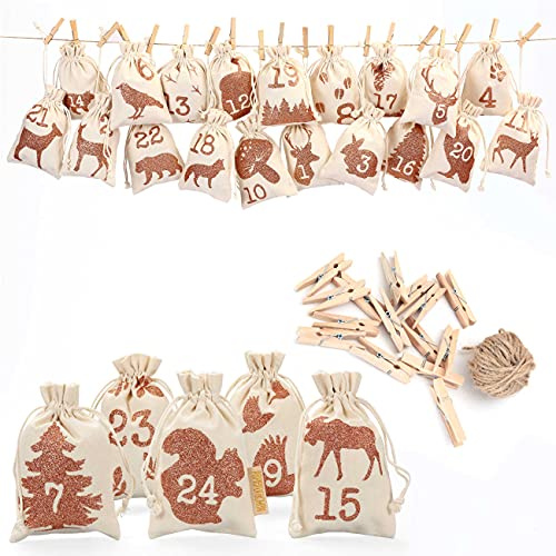 Papierdrachen Adventskalender 2025 - Stoffsäckchen (24 St.) mit Druck „Waldtier-Glitzer“ - Beutel inkl. Klammern - zum Befüllen & Dekorieren - Geschenkidee