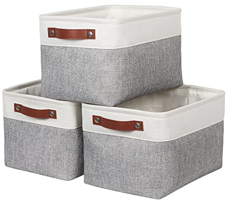Syeeiex Fabric Storage Basket [3-Pack], Large Baskets with Leather Handles, Storage Boxes for Shelves, Foldable Baskets for Organizing Toys, Clothes, Office (White/Grey)