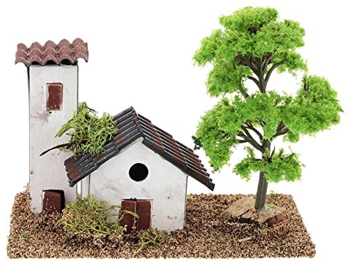 Haus mit Turm und Baum für Krippe, 10x15x10 cm