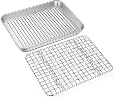 Homikit Backblech mit Abkühlgitter, Edelstahl Mini Ofenblech Kuchenblech und Kuchengitter Auskühlgitter zum Backen Braten Servieren, Ungiftig, Spülmaschinenfest, 23,6 x 17,8 x 2,5 cm