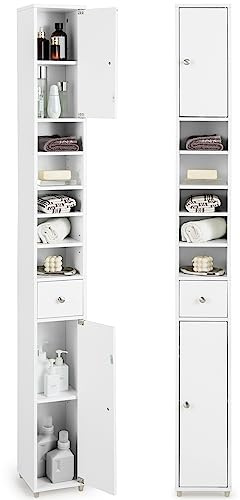 COSTWAY Meuble de Rangement Salle de Bain, Meuble Colonne avec 2 Placards à Porte, 1 Tiroir et 6 Étagères Réglables, Armoire de Toilette, 20 x 20 x 180 cm, Blanc