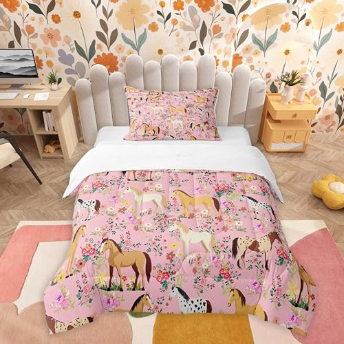jejeloiu Horse Comforter Set for Girls Boys Kids Twin Size Cute Animal Horses Flowers Comforter Room Decorations Horse Lovers Bedding Farmhouse Pink Duvet Set