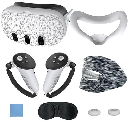BeisDirect 7-Piece Set for Meta Quest 3 Accessories, Quest 3 VR Silicone face Cover, VR Shell Cover, Quest 3 Touch Controller Grip Cover, Protective Lens Cover, Disposable Eye Cover (White)
