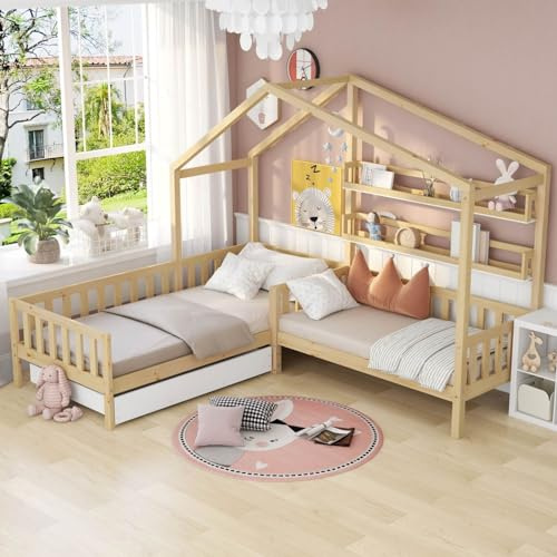 Sweiko Lit Cabane en Bois avec Tiroirs et Étagères, Cadre de Lit Structure en L avec Sommier à Lattes, Chambres à Coucher, Rangement, Naturel (sans Matelas) 200 x 90CM