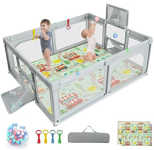 GOPLUS Parc Bébés avec Tapis Portable avec Portes Zippées Panier, 50 Boules, 4 Anneaux de Traction, Clôture Bébé avec Sac de Transport pour 0-3Ans (190x157CM, Gris)