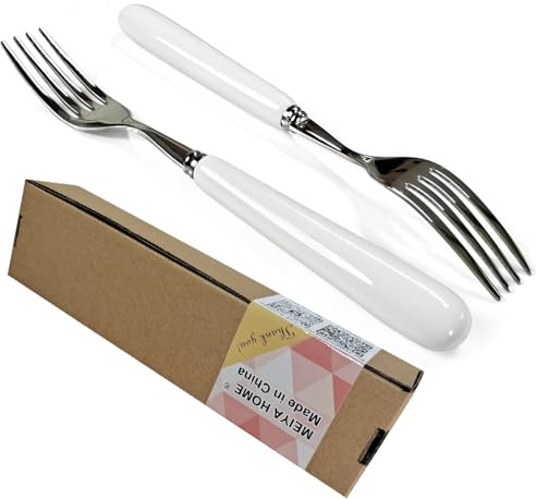 MEIYAHOME 2 st 20,5 cm 20,3 cm bra middagsgaffel 18/10 rostfritt stål bordsgaffel (kreativt vitt keramiskt handtag) huvudrättsgaffel, 4-färgad gaffel, SUS304 biffgaffel (2)