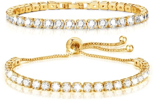 TempBeau Armband Damen Gold Kristall : 2Pcs Tennisarmband für Frauen 19cm Armbänder Schmuck Geschenk Silber Gold für Mama Freund Tochter Verstellbares Armreif