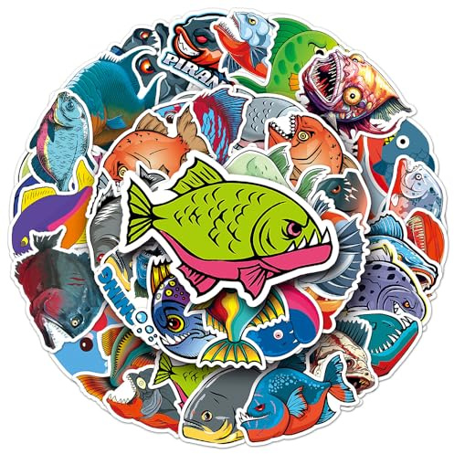 Bold Piranha Vinyl Stickers, 50 PCS Waterproof Illustrated Fish Decals for Laptops, Scrapbooking, Journals, Notebooks, Water Bottles, Suitcases, Phones & DIY Decor
