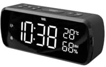 WE Radio réveil Grand Affichage écran 1.8'', Radio FM, Dual Alarme, Affichage de température intérieure/humidité, 1 Port USB intégré pour la Charge Noir