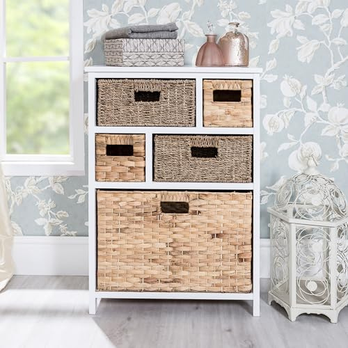 Tetbury White Storage Chest with Wicker Baskets | Chest of Drawers with 5 Natural Baskets in 3 Sizes | Fully Assembled Hallway, Bathroom, Bedroom Furniture (WHITE-NAT)