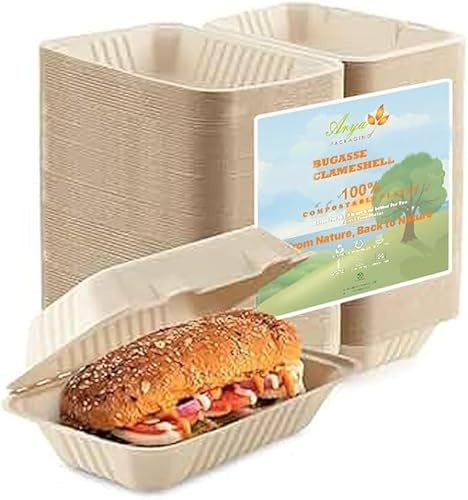 Arya PACKAGING 1 Compartment 6X6 Inch Pack of 50 Square Bagasse Clamshell Takeaway Box,Compostable Disposable and Biodegradable Sugarcane Hinged Food Containers Boxes