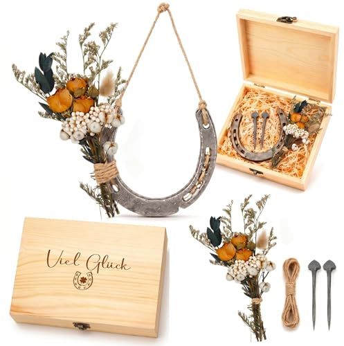 Hestya Hufeisen Glücksbringer mit Viel Glück Holzkiste Richtfest Geschenk | Glückshufeisen Deko, Geschenk zum Einzug und Hochzeit, Für Geburtstag, Prüfung und Geschäftseröffnung