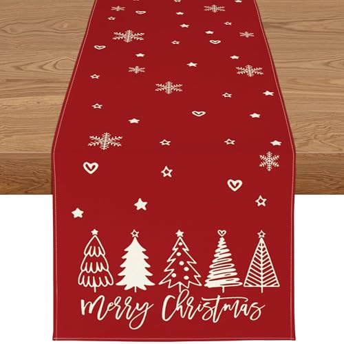 YCOLL Weihnachtsdeko Tisch Tischläufer Weihnachten Tischläufer Rot Winter Wasserabweisend Modern Weihnachtstischläufer für Drinnen und Draußen Party Küche Esstisch Dekoration