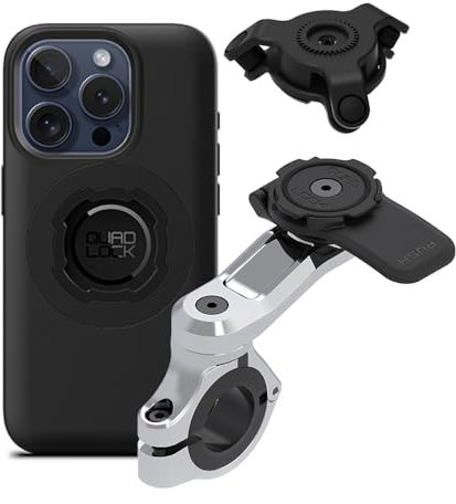 QUAD LOCK Lenker Handyhalterung PRO Chrom für Motorrad mit Vibrationsdämpfer und MAG Hülle für iPhone 15 Pro