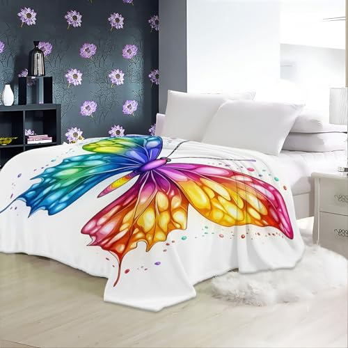 Decke Kuscheldecke 150 x 200 cm Flauschige Flanelldecke Plüschdecke Regenbogen-Schmetterling Fleecedecke Flauschig Sherpa Fleece, Decke für Reisen tragbar für Sofa Camping Farbe