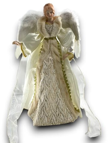 Puntale Statuina Angelo Natalizio Decorativo da 65 cm Abito Bianco e Dettagli Oro - Angelo Gloria per Decorazioni Natalizie - Statua per Albero di Natale, Tavolo e Camino - Elegante e Festivo