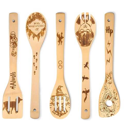 YALiya 5 Piezas Cuchara de Madera de Bambú, Cuchara de Madera Grabada, Menaje cuchara de madera, el Material es Seguro y no tóxico, Antiadherente, no Daña las Ollas y Sartenes