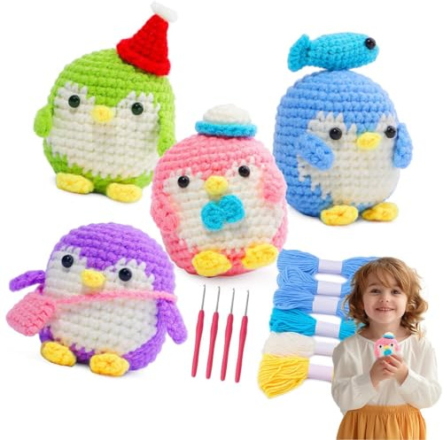 Häkelset Pinguin Häkelset für Anfänger | Komplettset Tiere Pinguine zum Stricken | Praktisches Spielzeug Häkelset für Erwachsene mit bunten Häkelnadeln und Fäden p